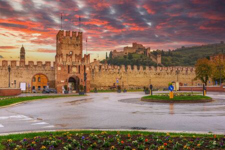 Medieval Castle of Soave in the province of Verona at sunset, Italyの写真素材