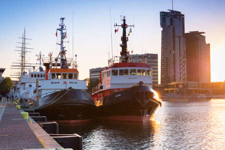 Gdynia, Poland - June 3, 2020: Pier at Baltic Sea with Sea Towers skyscraper in Gdynia, Poland. Gdynia is an important seaport of Gdansk Bay on Baltic Sea in Poland.のeditorial素材