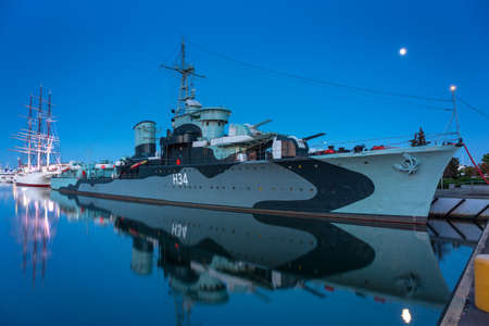 Gdynia, Poland - June 3, 2020: Polish destroyer ORP Blyskawica (Lightning) preserved as a museum ship at the Baltic Sea in Gdynia. Destroyer served in the Polish Navy during World War II.のeditorial素材