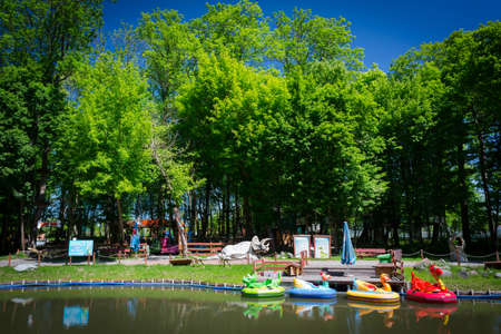 Malbork, Poland - June 1, 2020: Beautiful scenery of the Dino Park in Malbork, Poland. Dino Park is a tourist attraction with moving dinosaurs and dragons.のeditorial素材