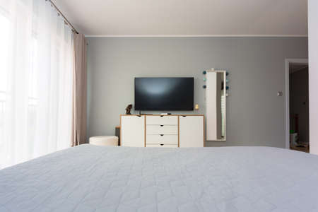 Master bedroom in gray and white colorsの写真素材