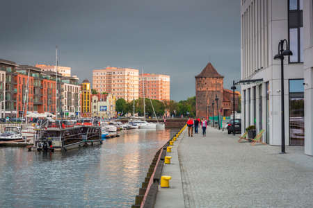 Gdansk, Poland - June 20, 2020: Modern architecture of the granaries island in old town of Gdansk at sunset.のeditorial素材