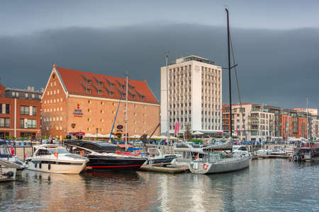 Gdansk, Poland - June 20, 2020: Modern architecture of the granaries island in old town of Gdansk at sunset.のeditorial素材