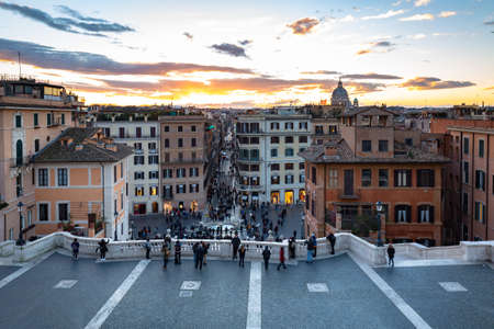 Rome, Italy - January 10, 2019: Tourists walking on Spanish steps in Rome at sunset, Italyのeditorial素材