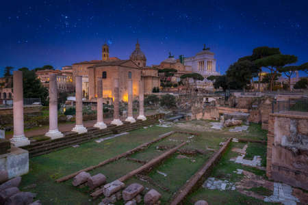 Ruins of the Forum Romanum in Rome at starry night, Italyの写真素材