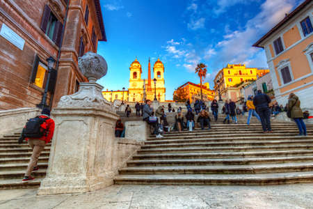Rome, Italy - January 10, 2019: Tourists walking on Spanish steps in Rome at sunset, Italyのeditorial素材