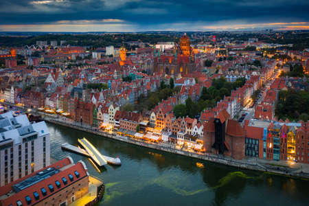 Aerial view of the Gdansk city over Motlawa river with amazing architecture at dusk, Polandのeditorial素材