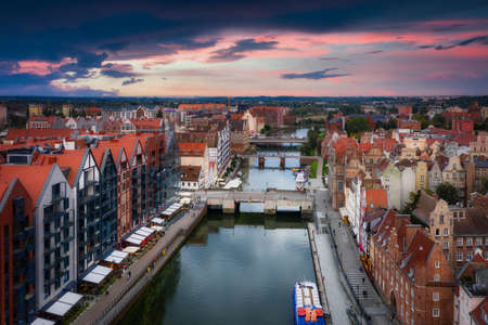 Aerial view of the Gdansk city over Motlawa river with amazing architecture at sunset,  Polandのeditorial素材