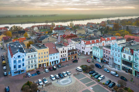 Tczew, Poland - November 8, 2020: Aerial scenery of the misty Tczew city and the Vistula river, Poland.のeditorial素材