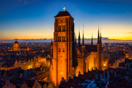 Aerial view of the St. Mary's Basilica in Gdansk at dawn, Polandの写真素材