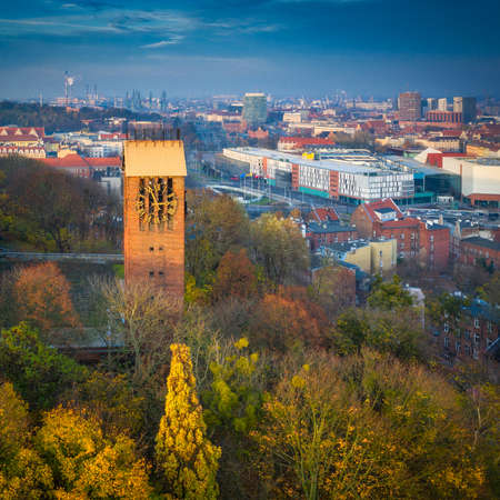 Aerial view of the old town of Gdansk at sunset, Polandの写真素材