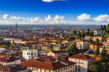 Cityscape of the Bergamo city in autumn, Italyの写真素材