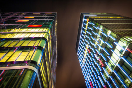Gdansk, Poland - 18 December, 2020: Olivia Star skyscraper in Gdansk Oliwa at night, Poland. Olivia Star at 156 meters is the highest building at Baltic Sea of Poland.のeditorial素材
