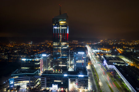 Gdansk, Poland - 18 December, 2020: Olivia Star skyscraper in Gdansk Oliwa at night, Poland. Olivia Star at 156 meters is the highest building at Baltic Sea of Poland.のeditorial素材