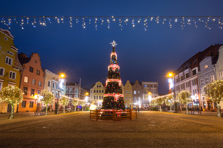 Grudziadz, Poland - 19 December, 2020: Beautiful christmas tree on the market squere of Grudziadz, Polandのeditorial素材