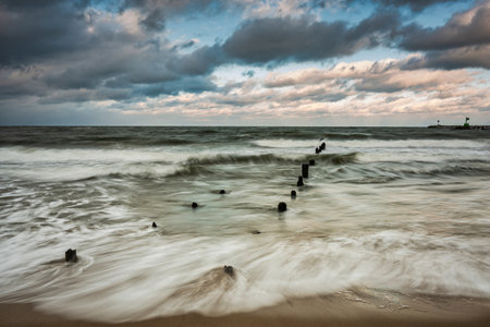 Winter landscape of a snow covered beach at Baltic Sea in Gdansk. Polandの写真素材
