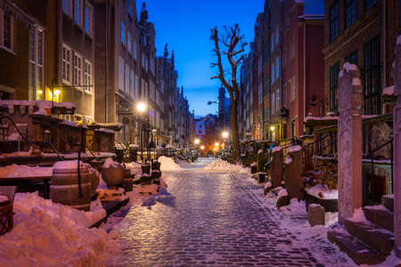 Beautiful Mariacka street in Gdansk at snowy winter, Polandの写真素材