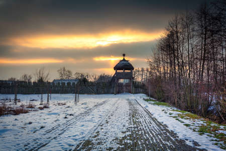 Beautiful sunset over the settlement of Trade Factory in Pruszcz Gdanski at winter, Poland.の写真素材