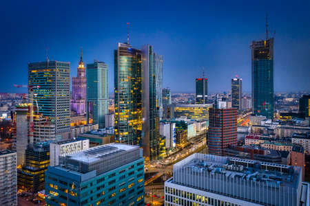 Amazing cityscape of Warszawa at night, capital city of Poland.の写真素材