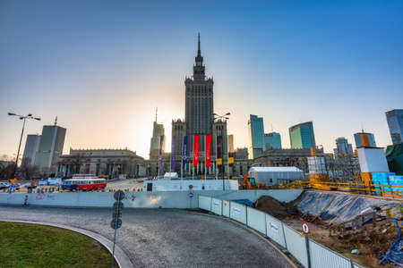 Warszawa, Poland - February 25, 2021: Palace of the Culture and Science in Warsaw city center at sunset, Poland.のeditorial素材