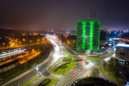 Gdansk, Poland - January 1, 2021: Mapping 3D on the green tower skyscraper in GdaÅsk for New Year 2021. Polandのeditorial素材