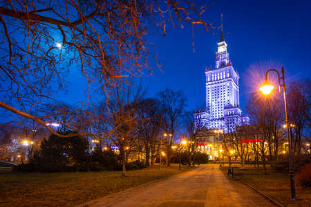 Amazing cityscape of Warsaw with Palace of Culture and Science at night, Poland.のeditorial素材
