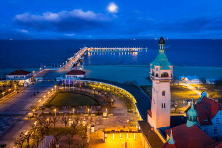 Beautiful pier (Molo) in Sopot by the Baltic Sea at dusk, Polandの写真素材