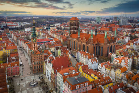 Beautiful architecture of the old town in Gdansk at sunset. Polandの写真素材