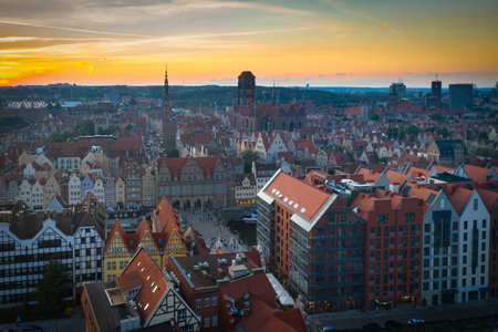 Beautiful architecture of the old town in Gdansk at sunset. Polandの写真素材