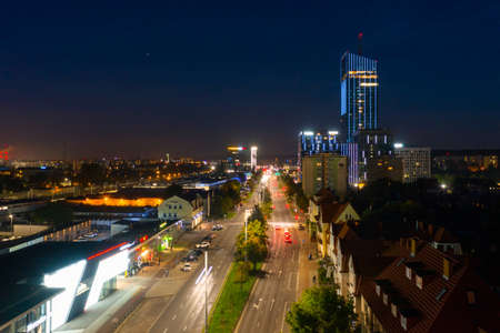 Gdansk, Poland - September 26, 2021: Olivia Star skyscraper in Gdansk Oliwa at night, Poland. Olivia Star at 156 meters is the highest building at Baltic Sea of Poland.のeditorial素材