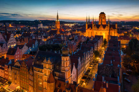 Aerial scenery of the old town in Gdansk at dusk. Polandのeditorial素材
