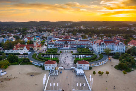 Beautiful architecture of Sopot city by the Baltic Sea at sunset, Poland.のeditorial素材