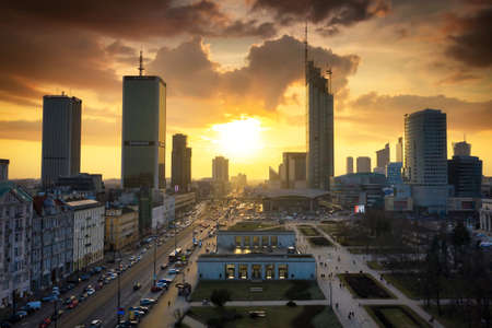 Warszawa, Poland - February 25, 2021: Beautiful architecture of Warszawa city center with modern skyscrapers at sunset, Poland.のeditorial素材
