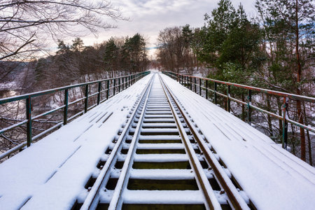 Winter scenery of the railway bridge in Rutki, Kashubia. Polandの写真素材