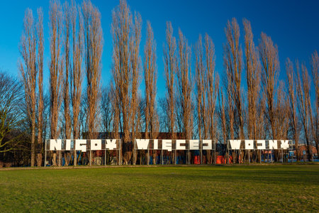 The inscription  - Nigdy wiecej wojny (No more war)on the Westerplatte peninsula, Gdansk. Polandのeditorial素材