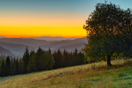 Beautiful autumnal sunrise under Tatra Mountains in Slovakiaの写真素材