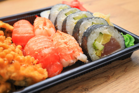 Colorful sushi set with pickled ginger and wasabi pasteの写真素材