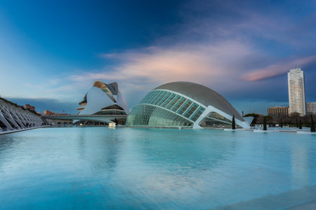 Valencia, Spain - January 20, 2023: Beautiful sunset over the Hemisferic Planetarium in the City of Arts and Sciences, Valencia. Spainのeditorial素材