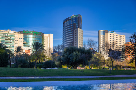 Valencia, Spain - January 19, 2023: Beautiful cityscape of Valencia with modern buildings at the park. Spainのeditorial素材