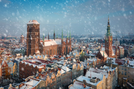 Beautiful scenery of the Main Town in Gdansk at snowy winter, Polandの写真素材