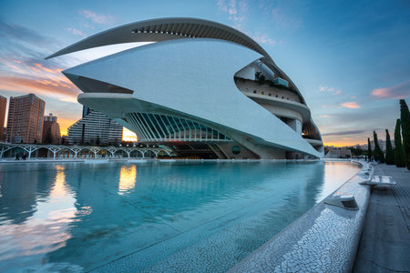 Valencia, Spain - January 20, 2023: Amazing architecture of the City of Arts and Sciences at sunset in Valencia. Spainのeditorial素材