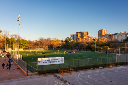 Valencia, Spain - January 21, 2023: Soccer training stadium in Turia public park at dawn in Valencia, Spainのeditorial素材