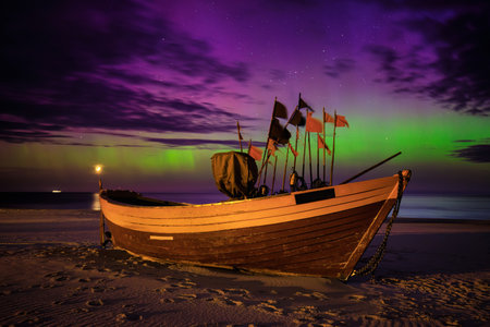 Aurora over the Baltic Sea in Poland, Debkiの写真素材