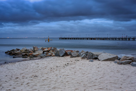 Baltic Sea beach in Gdynia Orlowo at sunrise, Polandの写真素材