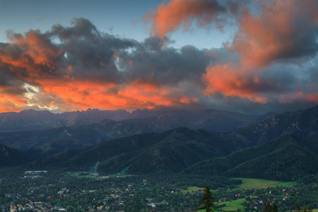 Landscape of the Tatra Mountains at sunrise from the top of Gubalowka peak in Zakopane. Poland.の写真素材