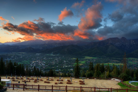 Landscape of the Tatra Mountains at sunrise from the top of Gubalowka peak in Zakopane. Poland.の写真素材