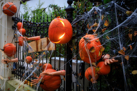 Scary Halloween decorations on the fence. Polandの写真素材