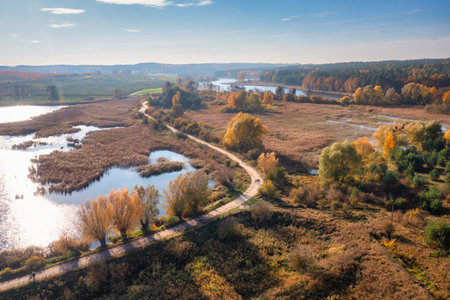 Aerial landscape of autumn lakes and forests in the Kociewie region, Poland.の写真素材