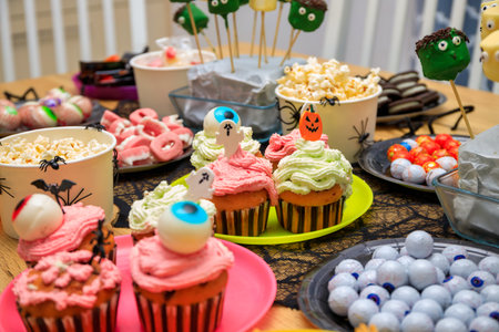 Set of Halloween sweets for children on the tableの写真素材