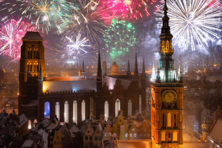 New Year fireworks display over the main town of Gdansk. Polandの写真素材